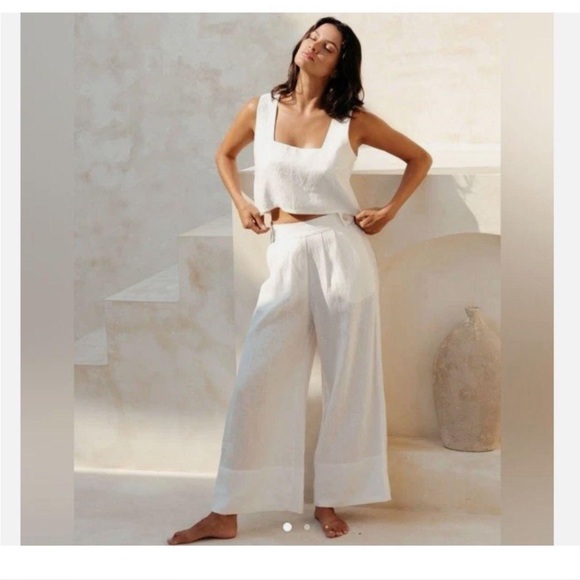 Free People Pants - Free People Pull On High Rise Wide Leg Linen Blend Pant Size Large White